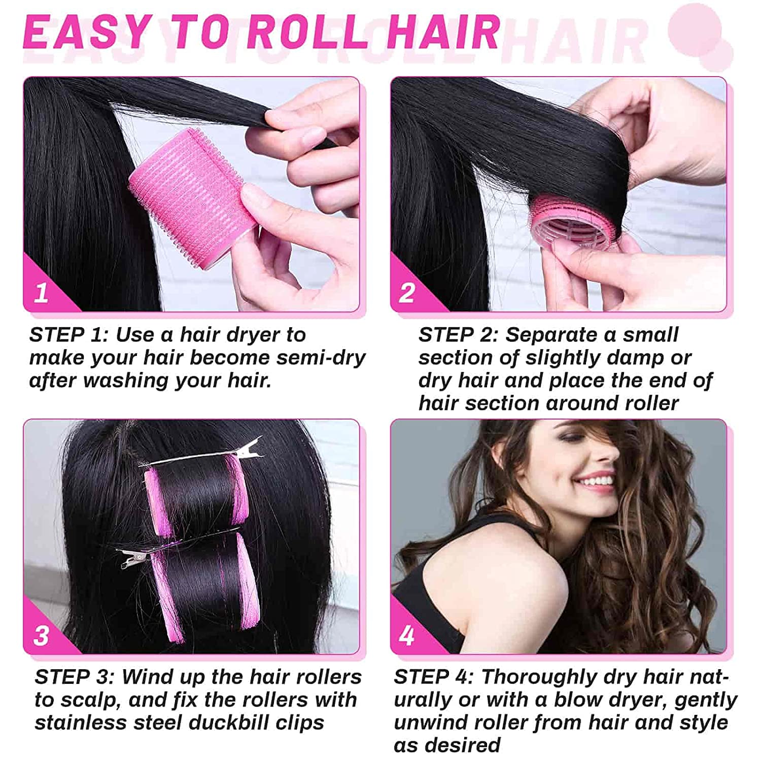 Self Grip Hair Curler Roller 12 Piece Set (Large Size - 2.5 inch) - Pink