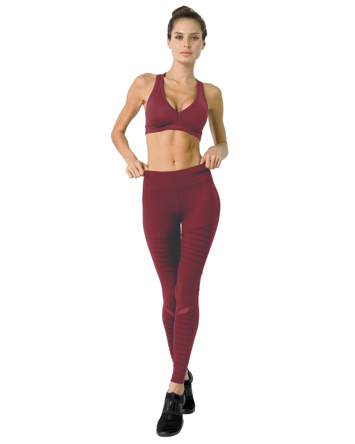 Athletique Low-Waisted Ribbed Leggings With Hidden Pocket and Mesh Panels - Red