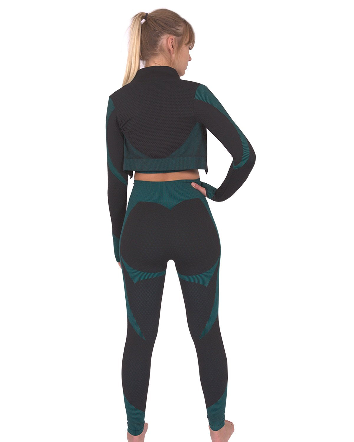 Trois Seamless Jacket, Leggings & Sports Top 3 Set - Black with Teal Blue