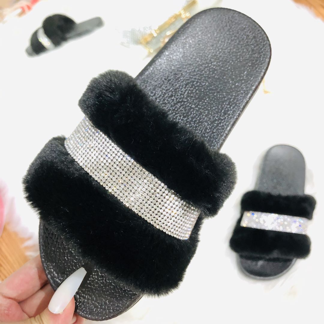 Rhinestone Faux Fur Slippers - Black